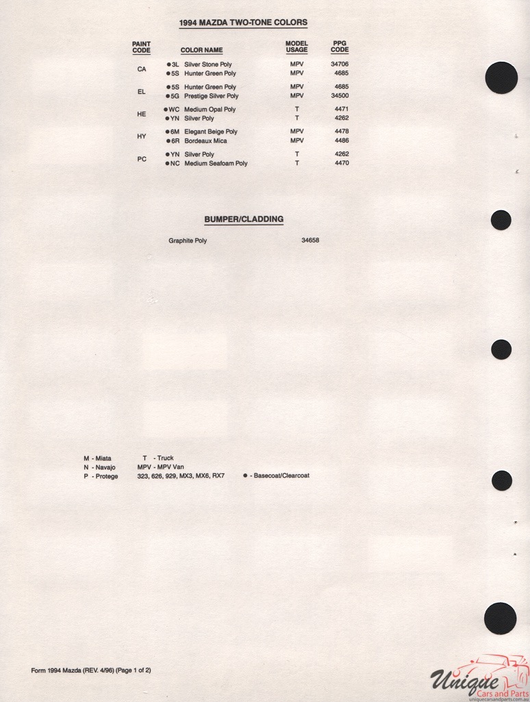 1994 Mazda Paint Charts PPG 3
